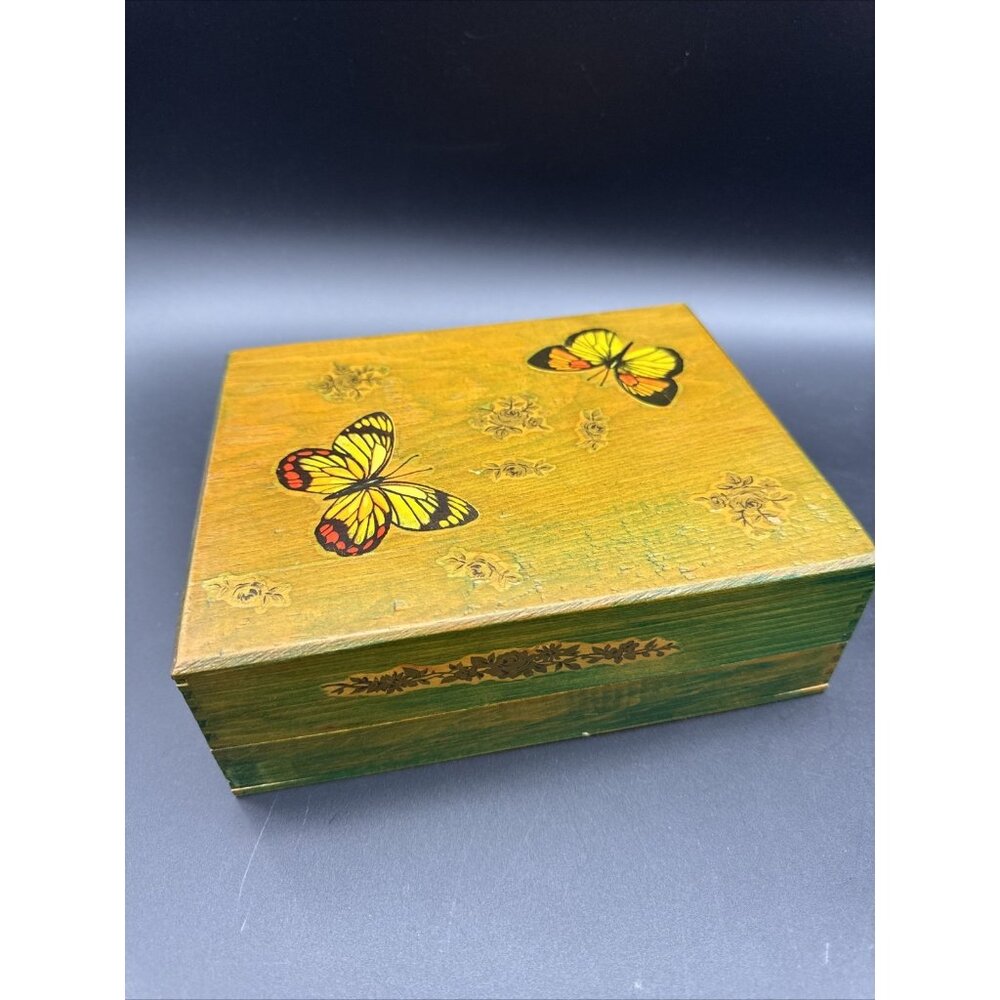 Vintage Decoupage Butterfly Floral MCM Green Wood Trinket Stash Box